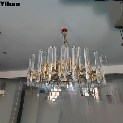 Yihao Luxury Brass Body Crystal Shade Chandelier with 3500K Warm White LED Pendant Light สําหรับห้องอาหาร